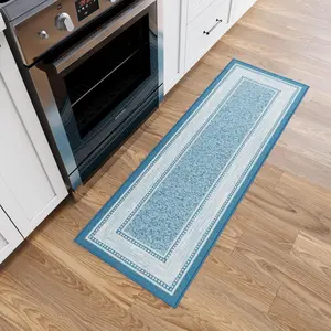 Ottomanson Kitchen Runner Rug – Non Slip Rubber Backed Kitchen Rug Runner for Sink Area, Laundry Room, Entryway, Low Pile Indoor Floor Runner, Border Blue