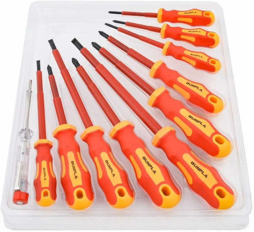Gunpla 11pcs VDE Insulated Screwdriver Set – 1000V, Magnetic Tips, Slotted, Phillips & Pozi, TPR Soft-Grip Handles with Safety Tester, Computer Screwdriver Kit, Dismantling Screwdriver Kit