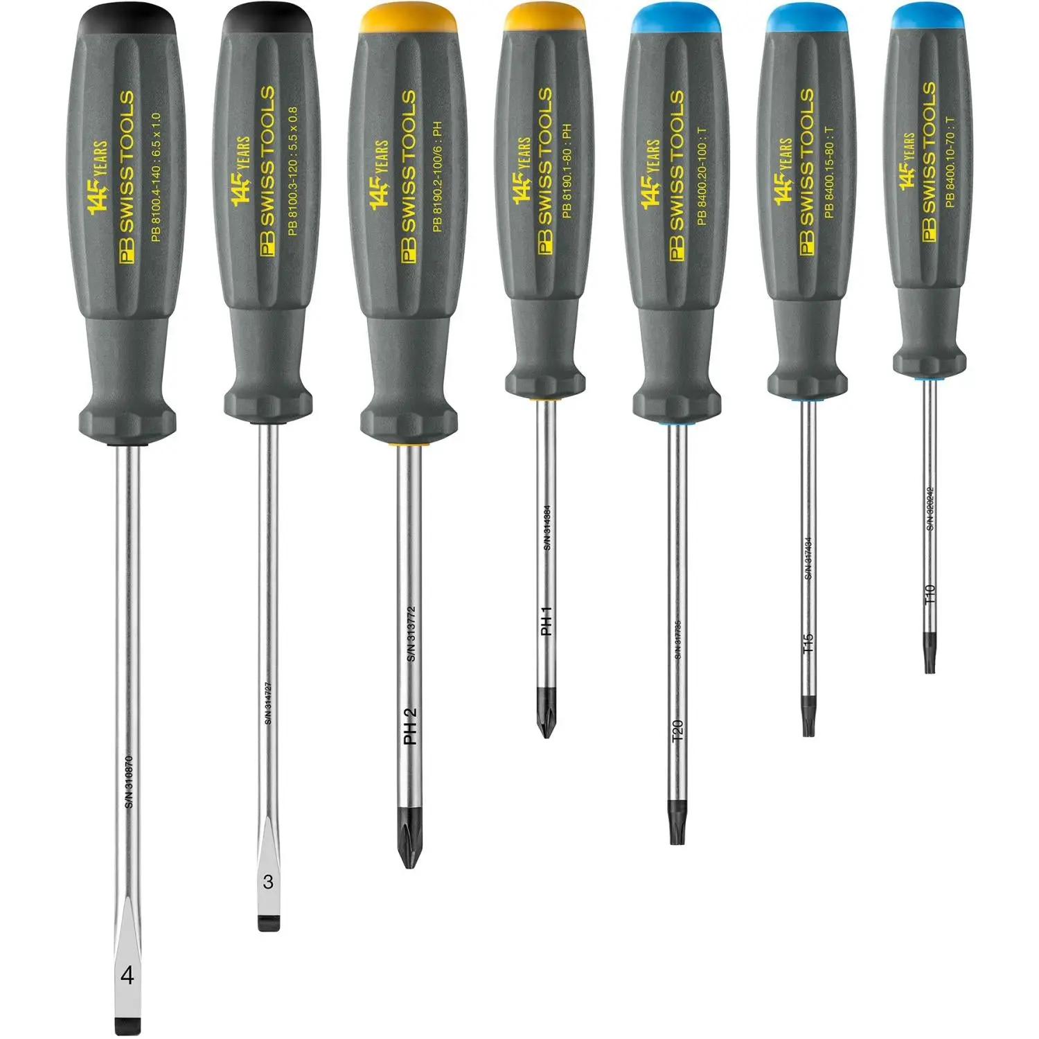 PB Swiss 8565.145 Y SwissGrip Screwdriver Set, Slotted & Phillips & TORX®, 145 Year Anniversary Limited Edition, 7 Pc.