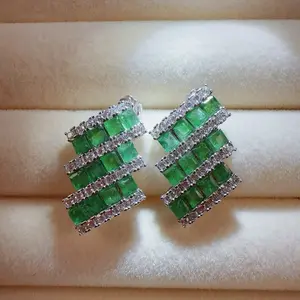 Emerald earrings ——925 Sterling Silver Earrings featuring three rows of small square-cut natural Colombian emeralds. Elegant, vibrant green sparkle in a modern geometric design