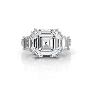 Javda Asscher Cut Lab Grown Diamond Engagement Ring - 3 Stone Ring in 14k White Gold, 8.7 Ctw.