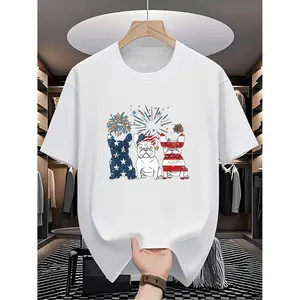 Vintage French Bulldog American Flag T-Shirt - Retro 4th of July Patriotic Tee with Frenchie, Round Neck Casual Shirt Suitable for Independence Day & Casual Attire