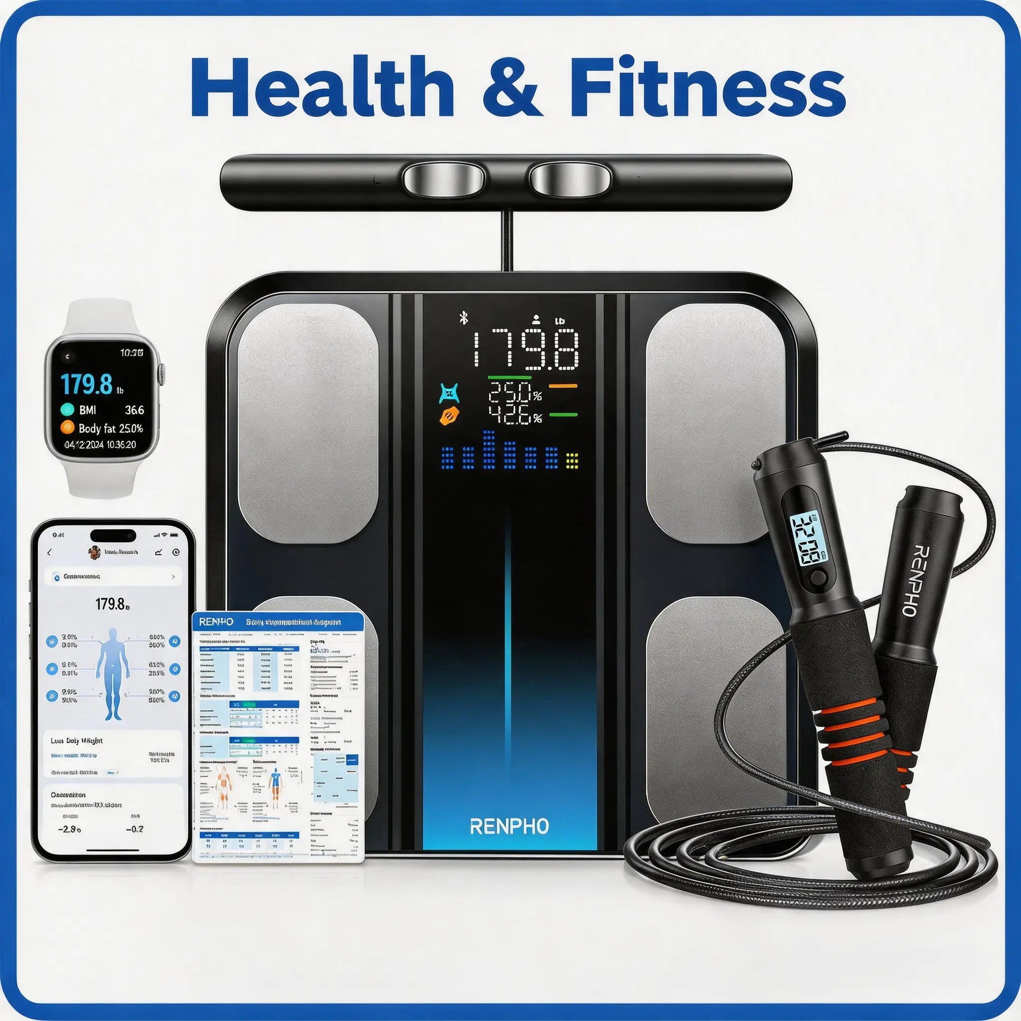 RENPHO Fitness Bundle: 8‑Electrode Smart Scale & Bluetooth Smart Skipping Rope, MorphoScan Base BIA Body Analyzer, 400lb Scale Measures BMI, Body Fat & Muscle Mass, Jump Rope with LED Counter, Sync to Free App, Home Fitness Gym Gifts