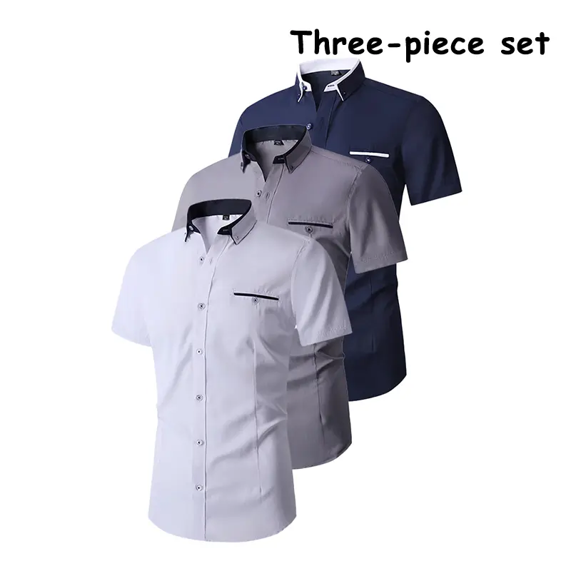 Men’s short-sleeve button-down shirts with a slim fit and contrasting collar—casual business workwear, wrinkle-free, suitable for formal and everyday wear. 3-pack men’s short-sleeve shirts featuring contrasting collars, a slim fit, and a button-down desig