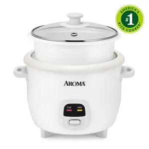 AROMA 6-Cup Rice Cooker & Food Steamer with Bonded Granite Nonstick Ceramic & Pop-Up Steam Tray - White