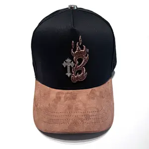 Black & Brown Flame Cross Cap | Rhinestone Embellished Streetwear Hat