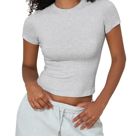 Hilor Women's Cute Cotton Crewneck Cropped T-Shirt - Short Sleeve Tight-Fitted Basic Fabric Gym Top with Elegance, Cute Shirts for Everyday Wear, Tops for Women to Pair with Cargo Pants