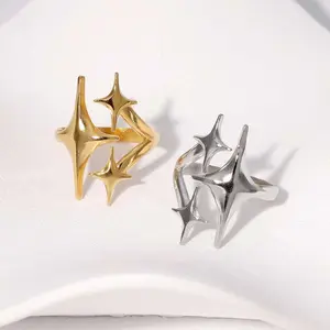 Four-Pointed Star Stainless Steel Ring – Open Adjustable Design, Gift for Women