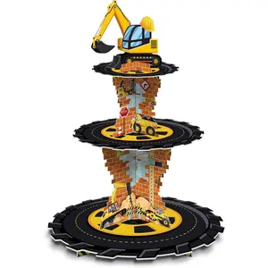P-PSD02    Construction Birthday Decorations 3 Tier Construction Theme Cupcake Stand Cardboard Dump Truck Dessert Display Tower Holder Cupcake Serving Stand for Baby Shower Party Supply Fruit Smooth