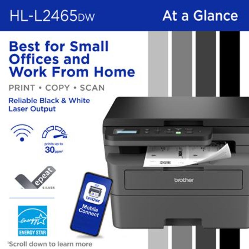 Brother HL-L2465DW Wireless Monochrome Laser Printer with Print Copy Scan Duplex & Mobile Printing Compact Multi-Function Solution