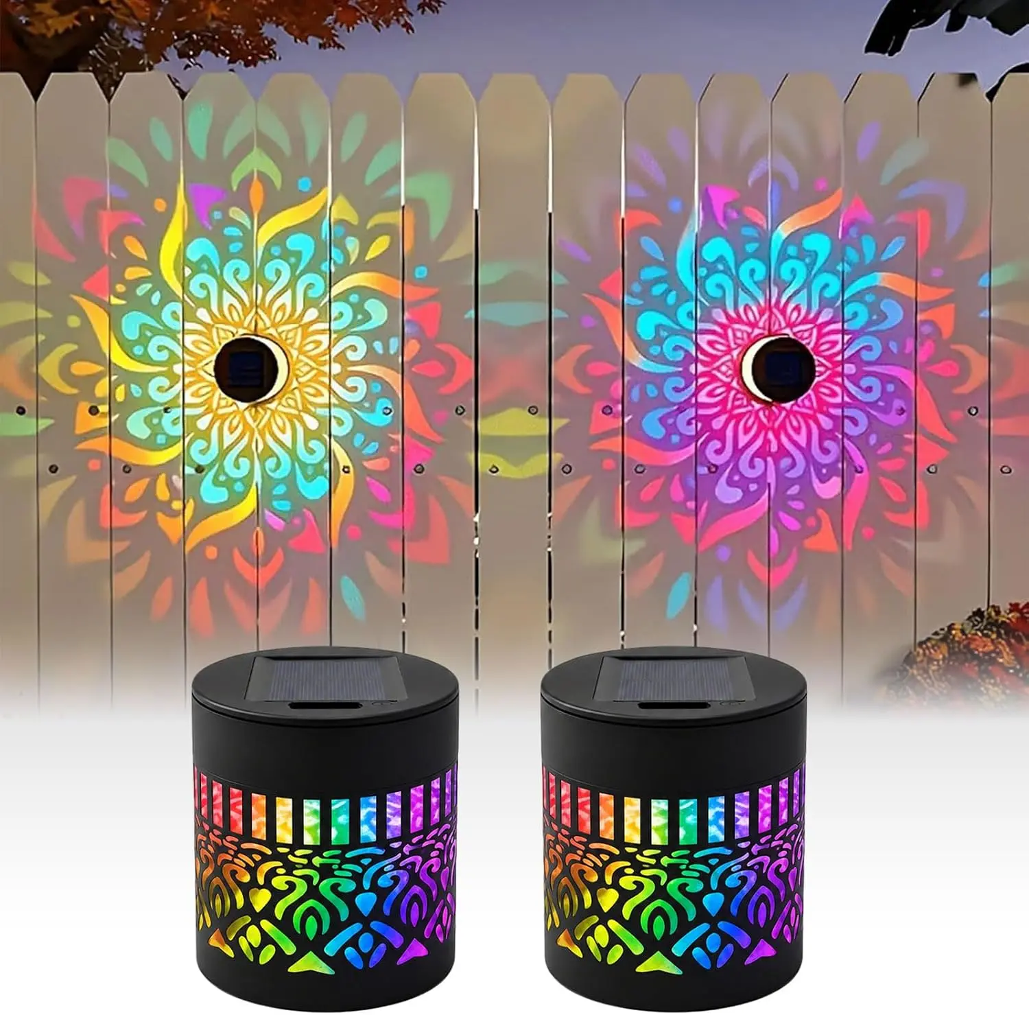 Sturdy Metal RGB Solar Mandala Projector Wall Lamps - Solar-Powered IP65 Waterproof Fence Lights with Artistic Glow, RGB Lights for Garden Halloween Decor, LED Outdoor Lighting