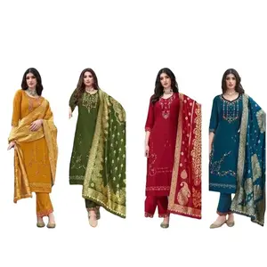 Women's 3-Piece Viscose Kurta Set - Elegant Embroidery, Organza Dupatta, Sleeve Design, Lace Accents, Bottom, Lady's Casual Everyday Wear & Accessories