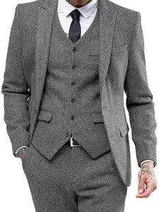 Men's Retro 3-Piece Tweed Herringbone Suit Set - Single-Button Blazer, Vest & Pants| Autumn New Arrival, Formal Business Attire, Groom Outfit & Formal Wear for Casual Parties