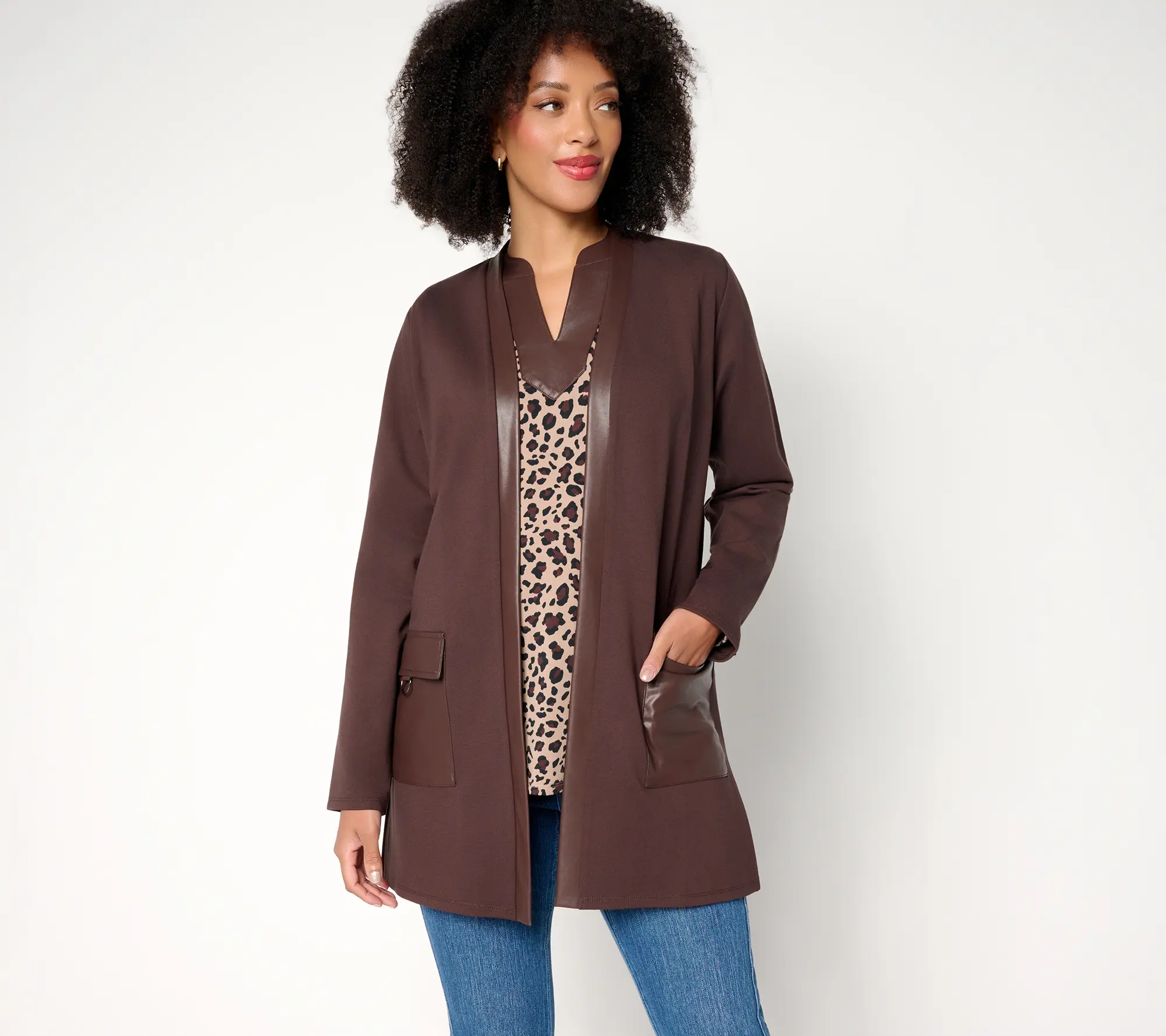 Belle by Kim Gravel Regular Ponte Duster with Faux Leather Trim