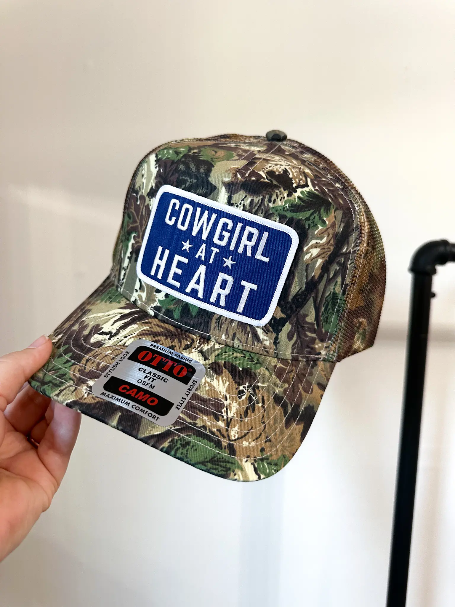 Cowgirl at Heart Camo Trucker Hat, Mesh Backing, Adjustable Fit, Classic Design, Authentic Cowgirl Style