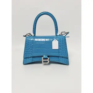 Pre-owned Balenciaga Leather Top Handle Bag Hourglass Blue Croc Embossed Mini Strap Crossbody Bag Handle Handbag JD056BB