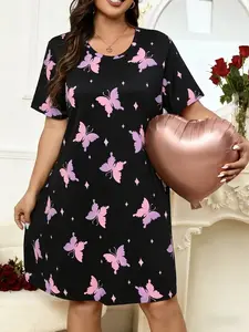 Women's Plus Size Butterfly Print Sleepwear, Casual Comfort Round Neck Short Sleeve Pajamas, Summer Home Wear, Loungewear, Lady Sleepwear For Indoor Wear, All Over Print Nightgowns
