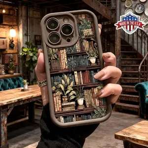 Vintage Bookshelf Floral Aesthetic Case for iPhone 17 Pro Max 16 15 14 13 12 11 XR XS Plus Slim Shockproof Anti Drop Protective Lightweight TPU Cover