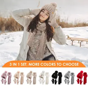3PC Womens Winter Knit Hat Scarf and Gloves Set Fleece Lined Pom Pom Beanie Long Knit Scarf and Touchscreen Gloves Chic Warm Christmas gift sets