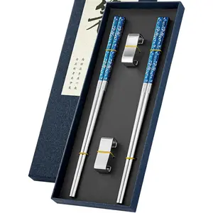 Metal Chopsticks Reusable 2 Pairs Titanium Plated Stainless Steel Chopsticks with Holder, Dishwasher Safe Non-Slip Japanese Style Chopsticks Present Set (Blue Silver)