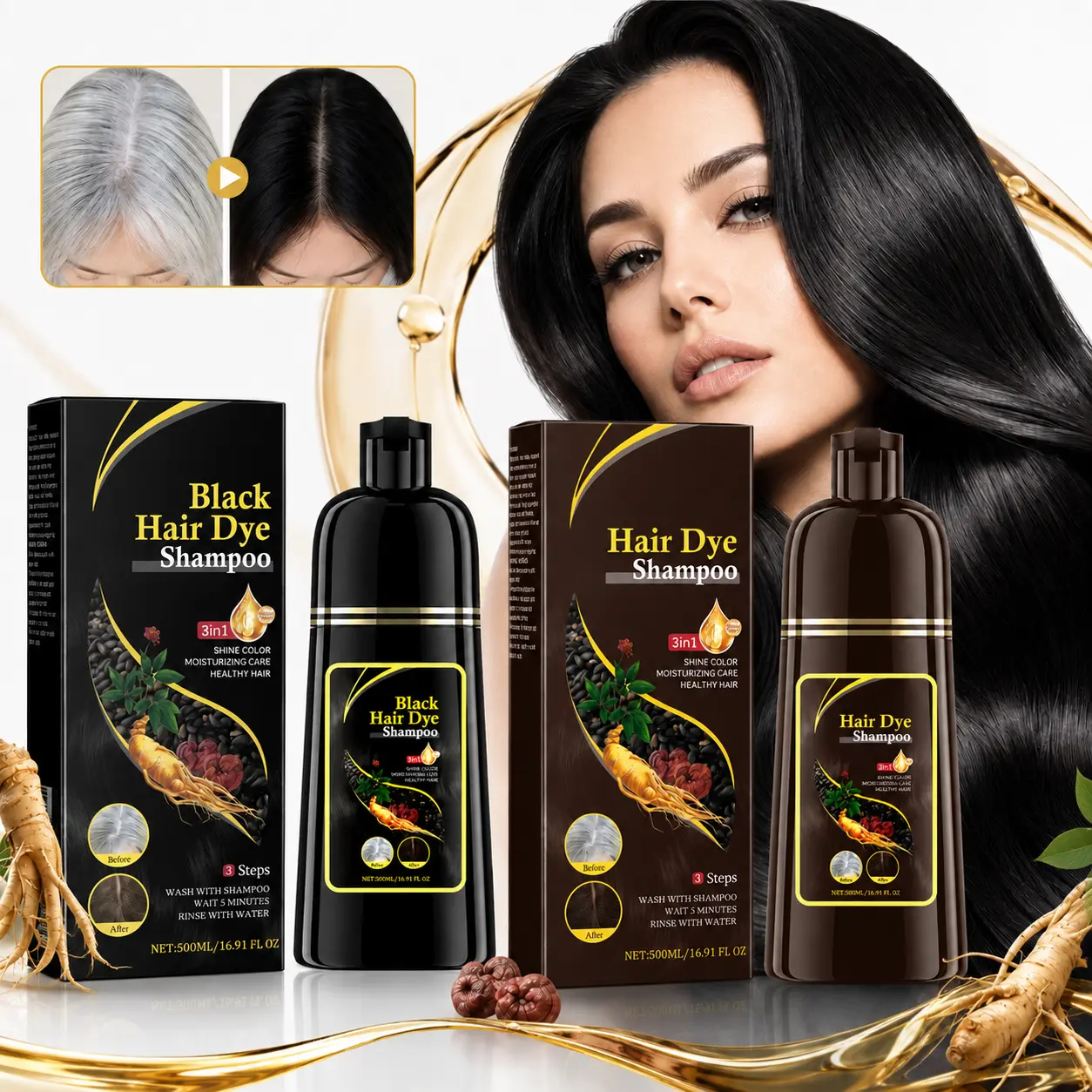 Black Hair Dye Shampoo 3 in 1 – Herbal Hair Coloring Formula with Ginseng Extract, Helps Cover Gray Hair and Deliver Natural-Looking Black Color for Men & Women