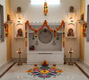 White Wooden Religious Temple-Altar with Drawer, LED Lights and Ornament Storage, Household Home Decor Item