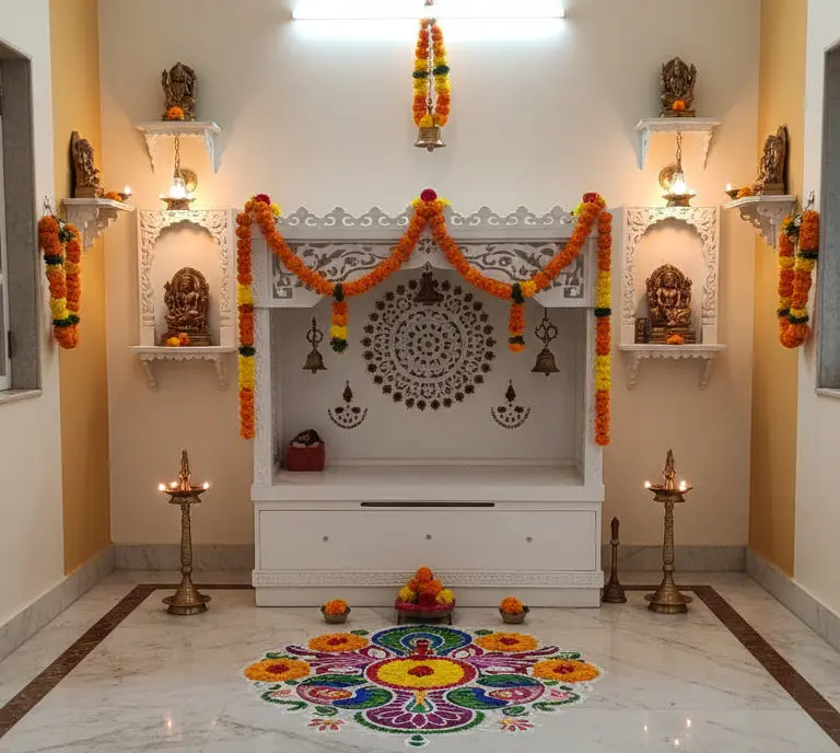 White Wooden Religious Temple-Altar with Drawer, LED Lights, Ornament Storage & Room Accessories for Home Decor Use