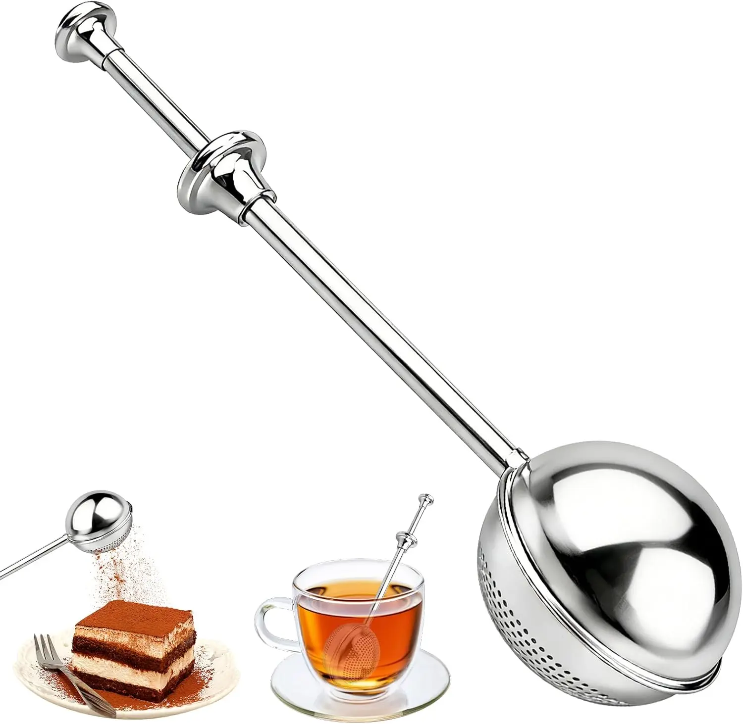 Retractable Long Handle Stainless Steel Tea Infuser Ball, Fine Mesh Reusable Loose Leaf Tea Strainer Filter, Durable Tea Steeper Accessory for Home Office Brewing, Great Gift for Tea Enthusiasts