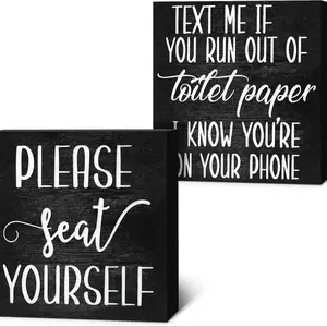 Farmhouse Bathroom Signs Set, Wooden Box Sign & Humorous Wall Art, Bathroom Decorations, Perfect for Home Restrooms, Unique Gift Idea