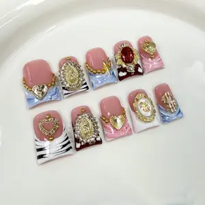 European And American Style Nail Art With Duckbill-Shaped Tips, Luxurious And Elegant Court-Style Nail Stickers, Ice-Transparent French Manicure With Irregular Gradient Design, And Handmade Press-On Nails.