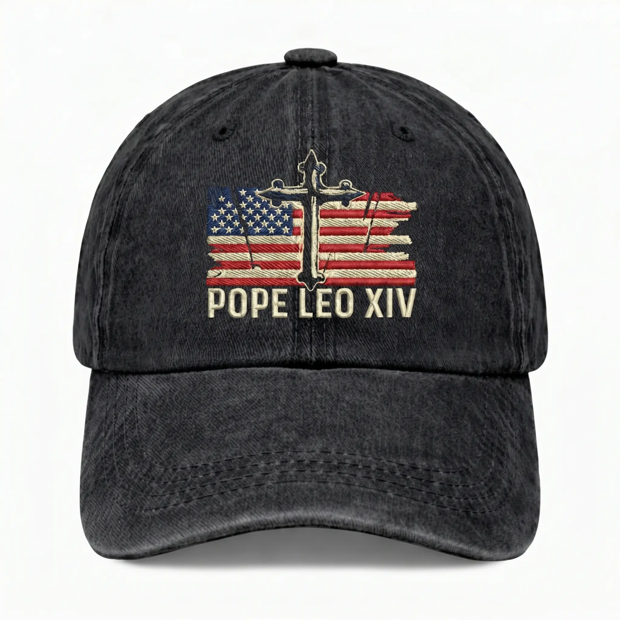 Vintage Washed Dad Hat Pope Leo XIV Cross Design, Faith Cap, Religious Gift Church Christian Jesus