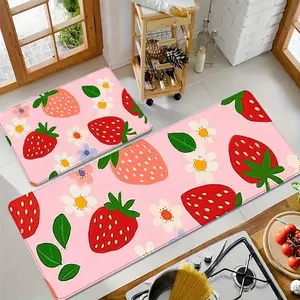 Strawberry & Floral Non-Slip Kitchen Mat - Absorbent, Machine Washable Mat for Comfort in Kitchen, Dining Room, Bedroom, Living Room & Laundry Room, Kitchen Rugs