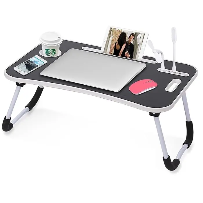 Portable Folding Lap Desk for Laptops, Ergonomic Bed Desk with 4 USB Ports, Wind Fan, LED Light, Cup Holder, Side Drawer, 23.6x15.7x10.6 Inches for Working, Reading, Eating (Computers & Office Laptop Stand Tray)