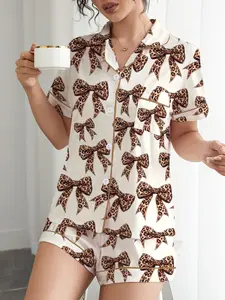Women's Sleepwear Set, Leopard Bow Print, Short Sleeve Button-Up Top & Elastic Shorts, Casual Home Wear, All Seasons, Pjs, Pajama Set