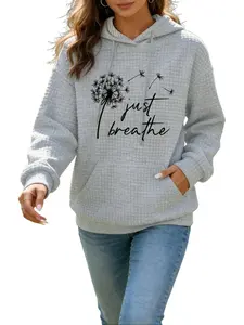 flower Print Waffle Drawstring Hoodie, Casual Long Sleeve Long Sleeve Sweatshirt With Pocket, fashionable flower letter printed style,Women's Clothing Soft Drawstring Hoodie for Casual Vacation & Casual Attire,for All Seasons Women's Clothing