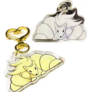 Double-Sided Pokemon Shiny Ninetails and Vulpix Keychain #0150 - Durable Acrylic with White & Yellow Design, Gold Heart Clasp, Perfect for Pokemon Fans