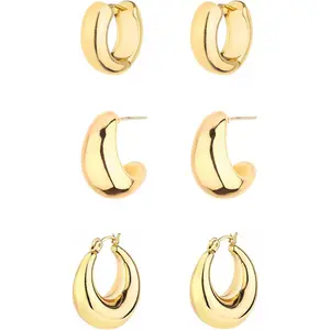 Gold Chunky Hoop Earrings Set for Women, 14K Gold Plated Twisted Huggie Hoop Earring Hypoallergenic, Thick Open Hoops Set Lightweight