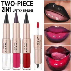 2 Pack Glossy Lip Waterproof Sweat Proof Lipstick Cosmetic Matte Smooth Apply Lip Gloss Dual Ended Beauty Stick Liner Long Lasting Moisturizing Makeup