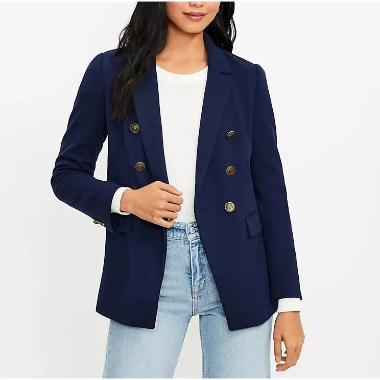 Women Preppy Navy Petite Knit Double Breasted Blazer