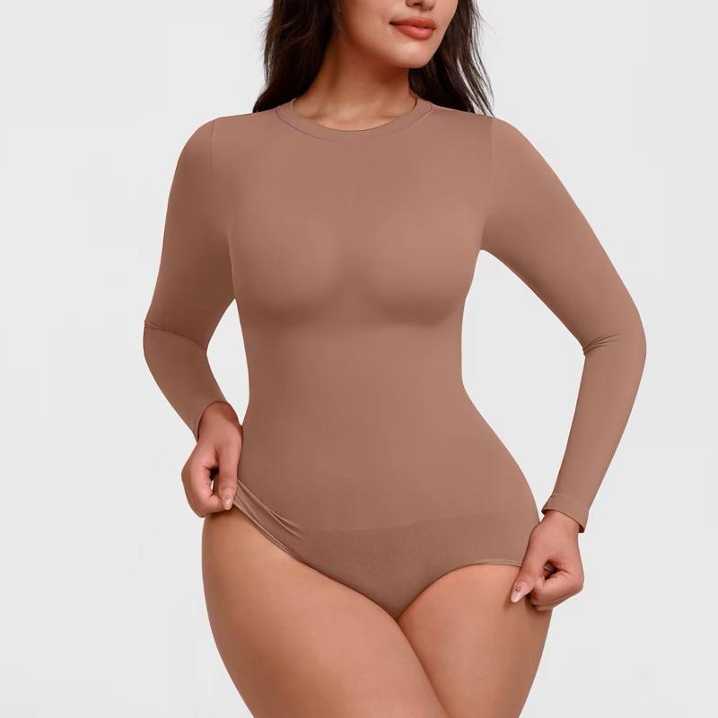 Seamless long-sleeve bodysuit Womenswear Nylon Spandex Smooth Light Soft Tops Basic Casual