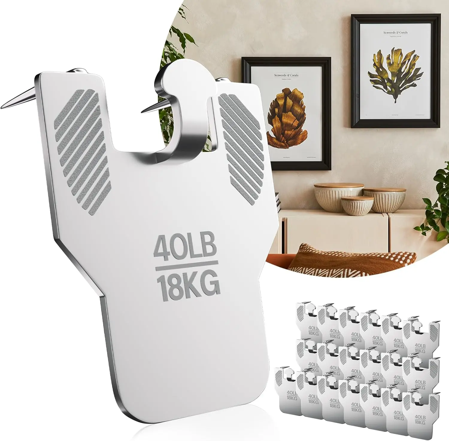 20pcs Durable Modest No-Drill Hooks & Rails Heavy Duty Claw Wall Hangers for Drywall - Daily Use Box Kit for Large Decor, Picture Frames, Secure Hanging