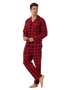 Two-Piece Set Men's Plaid Print Button Front Shirt & Pocket Pants Pajama, Casual Comfy Long Sleeve Lapel Neck Top & Trousers PJ Set, Men's Sleepwear for Fall & Winter Pajamas
