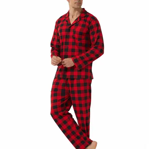 Two-Piece Set Men's Plaid Print Button Front Shirt & Pocket Pants Pajama, Casual Comfy Long Sleeve Lapel Neck Top & Trousers PJ Set, Men's Sleepwear for Fall & Winter Pajamas, Pajama Sets, Matching Sets, Pajamas for Adults, Lounge Sets