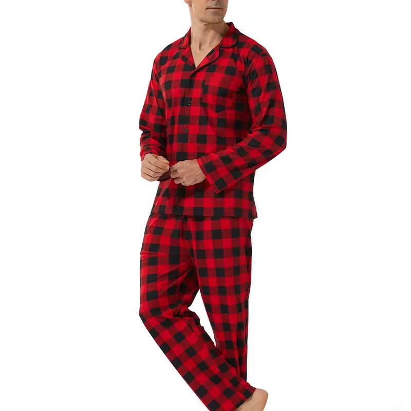 Two-Piece Set Men's Plaid Print Button Front Shirt & Pocket Pants Pajama, Casual Comfy Long Sleeve Lapel Neck Top & Trousers PJ Set, Men's Sleepwear for Fall & Winter Pajamas, Pajama Sets, Matching Sets, Pajamas for Adults, Lounge Sets