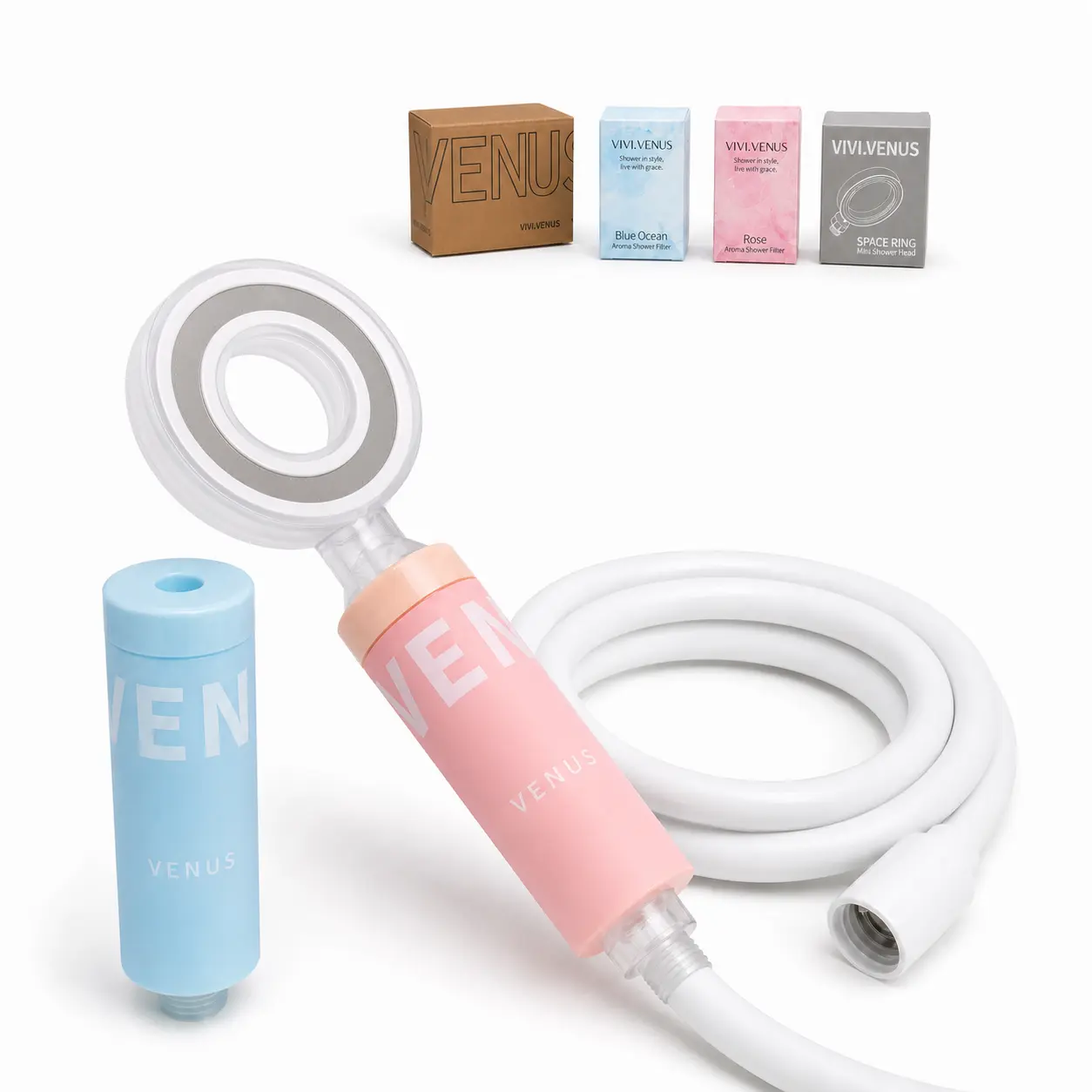 High Pressure Filtered Handheld Shower Head Set with 2 Aroma Filters, Rose & Blue Ocean Scent, Micro-Hole Ring Spray, PP Cotton Filter, 59-Inch White Hose | VIVI.VENUS