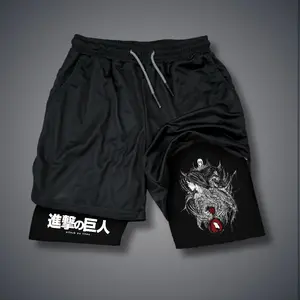 Attack on Titan 80s 90s Double-Layer Sports Shorts Graphic Shorts Black Camo Streetwear Shorts Men Outfits Men Vacation Outfits Shorts