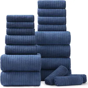 18 count Bath Towels Set,Soft Family Bathroom Towel Set with Hanging Loops-6 Bath Towels,6 Hand Towels,6 Washcloths,Highly Absorbent Quick Dry Shower Towel for Bathroom,Hotel,-Navy Blue Towel Set