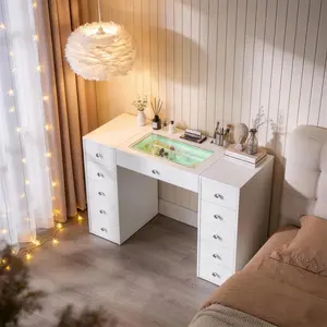VANITII Large Vanity Desk with 12''x14'' Bluetooth Lighted Mirror, Makeup Vanity Table with 11 Drawers  Charging for Bedroom Apartment Dressing Room