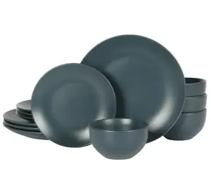 Blue 12-Piece Stoneware Dinnerware Set Cutlery Tableware