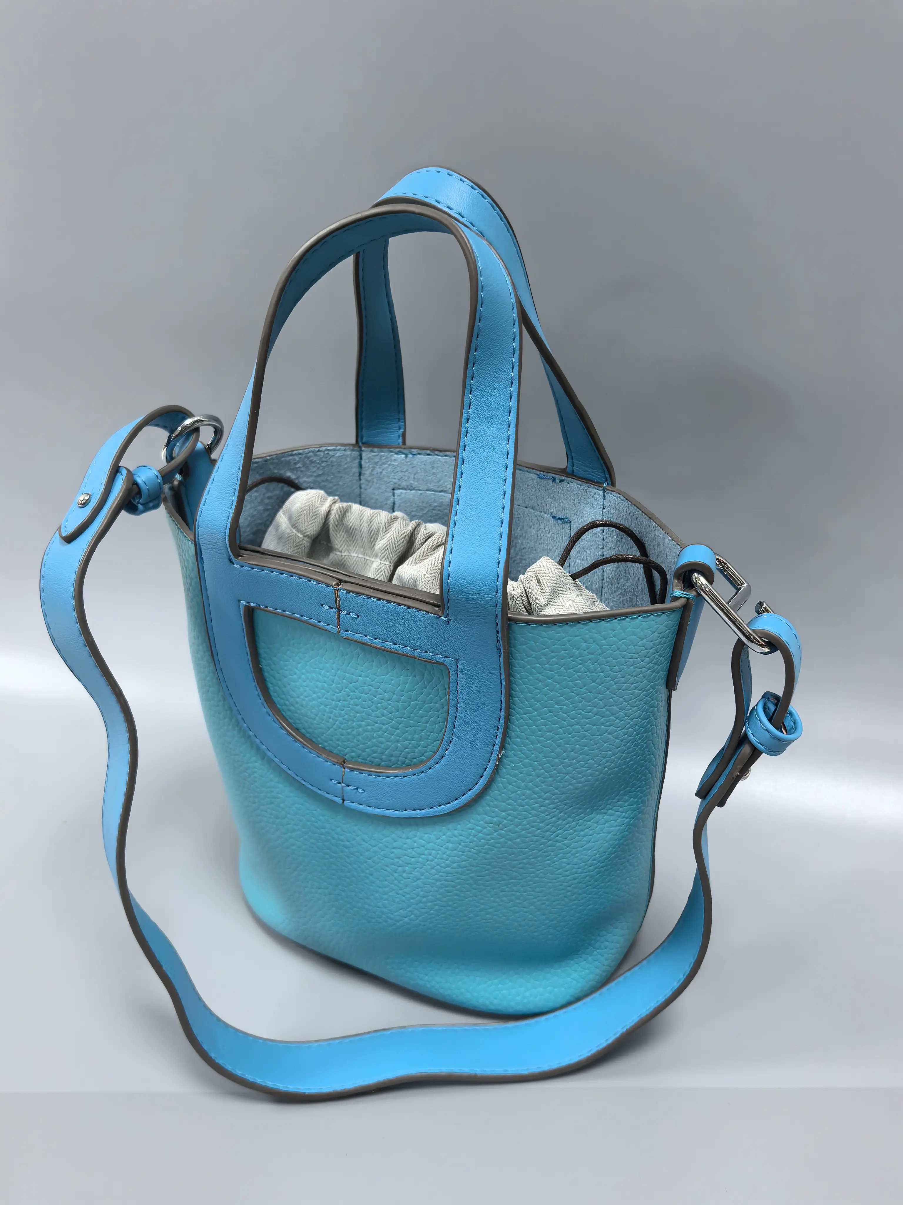 [Summer Picks] Kystra Saturated Blue PU Bucket Bag with Drawstring Cotton Lining Pouch – Pebbled Texture Bucket Handbag with U-Shape Front Patch, Top Handle & Detachable Crossbody Strap, Structured Oval Base, Lightweight Roomy Summer Casual Shoulder Bag